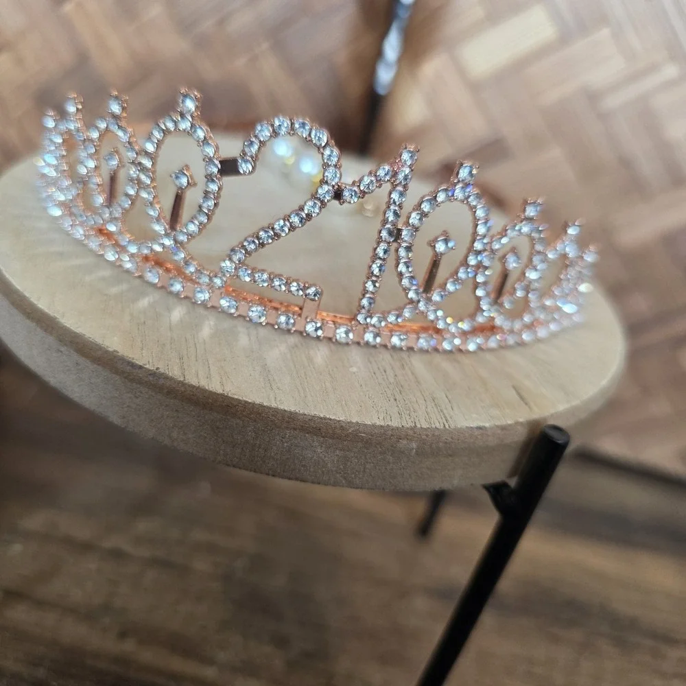 Rose Gold Metal Rhinestone Happy 21st Birthday Princess‎ Tiara Sash Party Outfit